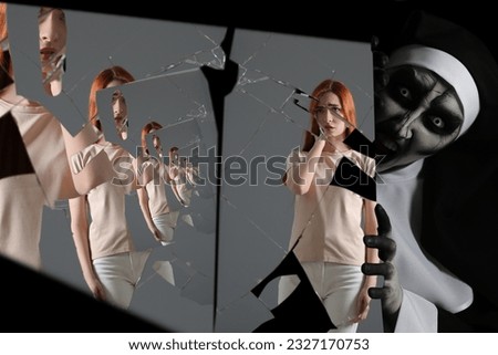 Suffering from hallucinations. Woman seeing her reflections in broken mirror and scary devilish nun