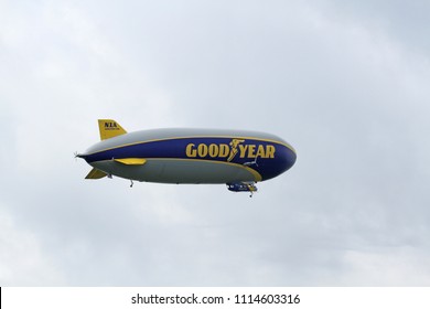 SUFFIELD, OHIO / USA – JUNE 16: The Goodyear blimp Wingfoot One on June 16, flying above Wingfoot Lake, Suffield, Ohio. This is at Blimp Base One, home of the Goodyear Blimp