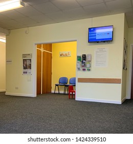 Suffolk, UK - June 2019: Empty NHS GP Doctor’s Surgery Waiting Room.