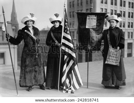 The Suffrage Hike of 1912 from Manhattan to Albany was staged to bring attention to issue of women's suffrage. Women suffrage hikers Jessie Stubbs, General Rosalie Jones, and Colonel Ida Craft.