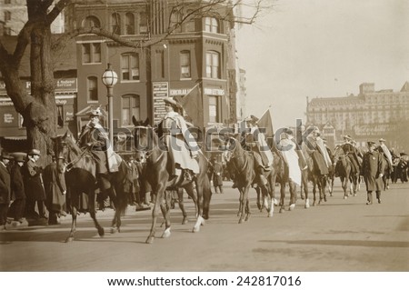 Suffragists on horseback in a parade in Washington, D.C. on May 9, 1914.