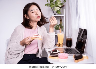 sugar addiction concept with Asian woman enjoy eating unhelathy sweet desserts ,drinks  - Powered by Shutterstock