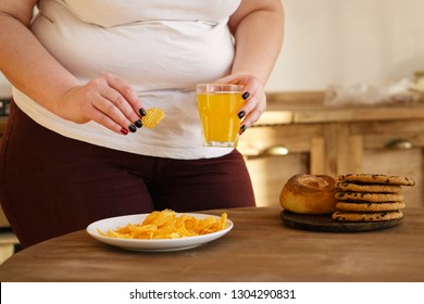 Sugar Addiction, Unhealthy Lifestyle, Cholesterol, Weight Gain, Dietary, Healthcare And Medical Concept. Cropped Portrait Of Overweight Woman Eating Sugary Foods And Drinking Soda