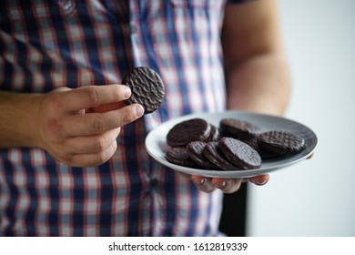 Sugar Addiction, Unhealthy Lifestyle, Cholesterol, Weight Gain, Dietary, Healthcare And Medical Concept. Cropped Portrait Of Overweight Man Eating Sugary Foods