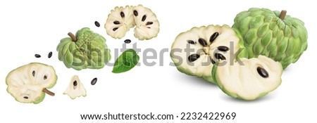 Sugar apple or custard apple isolated on white background. Exotic tropical Thai annona or cherimoya fruit. Top view. Flat lay Foto stock © 