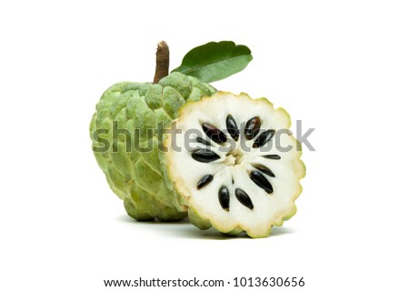 Sugar apple or custard apple with slice and green leaf isolated on white background, exotic tropical Thai annona or cherimoya fruit, healthy food