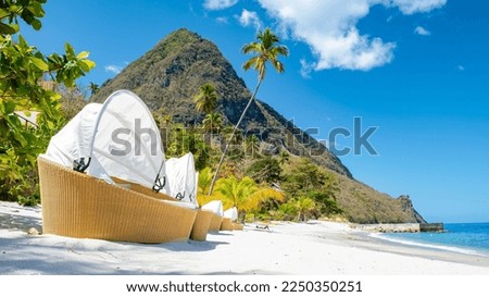 Sugar beach Saint Lucia, a public white tropical beach with palm trees and luxury beach chairs on the beach of the Island St Lucia Caribbean 