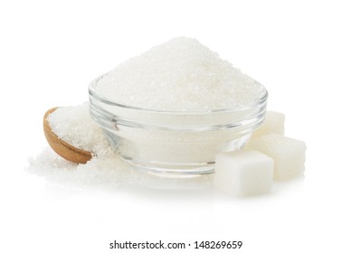 sugar in bowl isolated on white background