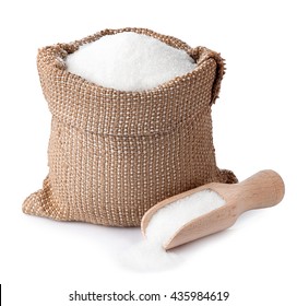 sugar in burlap sack with wooden scoop isolated on white background