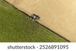 Sugar cane machinery harvest plantation aerial top view