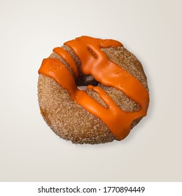 Sugar Coated Donut With Orange Drizzle Frosting On White Background