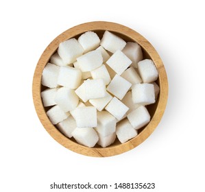 Sugar Cube In Wood Bowl Isolated On White Background. Top View