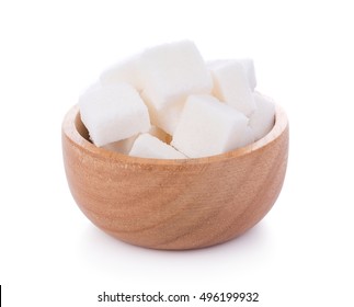 Sugar Cube In Wooden Bowl On White Background