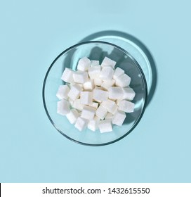 Sugar Cubes In Glass Bowl, Minimalist Food Ingredient Concept, View From Above