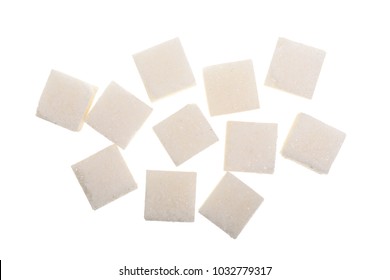 Sugar Cubes Isolated On White Background, Close Up. Top View. Flat Lay