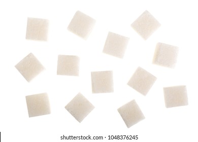 Sugar Cubes Isolated On White Background, Close Up. Top View. Flat Lay