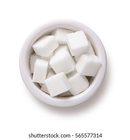Sugar Cubes In White Bowl Shot Directly Above Isolated On White Background With Clipping Path