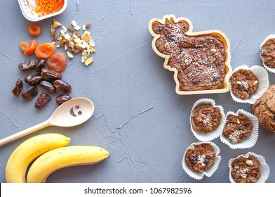 A Sugar Free Homemade Cookies With Bananas, Dates, Dried Apricot And Dried Fruits As A Sweeteners. Top View With Copy Space For Text, Top View