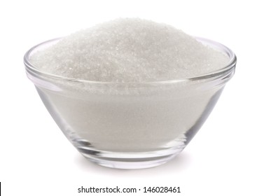 Sugar In Glass Bowl Isolated On White