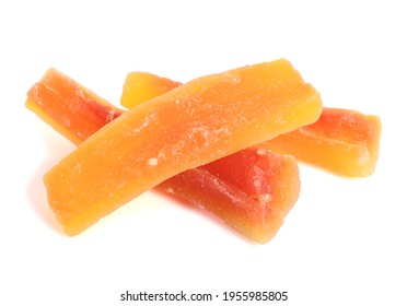 Sugar Infused Dry Papaya Chunks. Isolated On White.