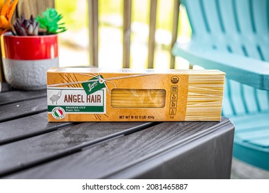 Sugar Mountain, USA - May 31, 2021: Brand Private Label Sign Text For Angel Hair Pasta Bronze Cut Organic Spaghetti Bought At Lowes Food North Carolina Store