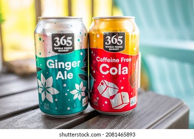 Sugar Mountain, USA - May 31, 2021: Closeup Of Two Aluminum Cans For Whole Foods 365 Brand Soda Cola And Ginger Ale Flavors With Label Sign For Caffeine Free