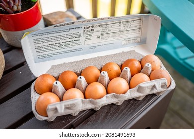 Sugar Mountain, USA - May 31, 2021: Closeup of Born Free brand pasture raised farm fresh eggs nutrition label for dozen brown eggs bought in North Carolina
