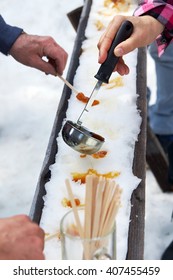 Sugar On Snow, Or Maple Toffee At The Sugar Shack In Quebec, Canada