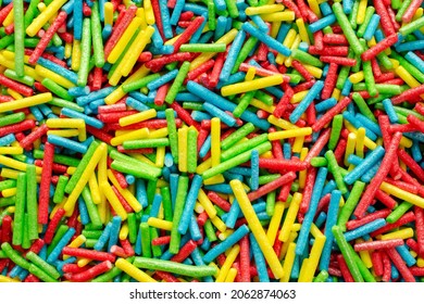 Sugar Paste For Decoration, Background, Top View. Rainbow Sprinkle For Confectionery. Colorful Confetti, Background, Top View. Pile Of Confectionery Sprinkles, Top View. Confectionery Decor.