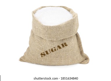 Sugar in a sack isolated on a white background. White Sugar in burlap sack. Sugar in jute bag