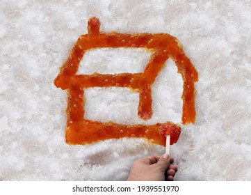 Sugar Shack Maple Syrup And Taffy Or Sweet Boiled Tree Sap On Snow As A Traditional Spring Season Food Culture From Quebec Ontario Canada And New England Made In Country Shacks.