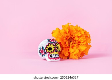 Sugar Skull and marigolds flowers, Day of the dead, Dia De Los Muertos, halloween Celebration Background. Copy Space. - Powered by Shutterstock