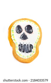 Sugar Skull Shape Decorated With Royal Icing, Sugar Cookie Isolated Over White