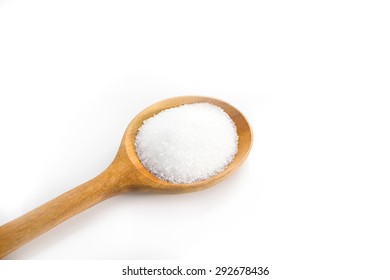 Sugar In Wooden Spoon On White Background