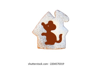 Sugared Gingerbread House With Silhouette Of A Mouse Inside. Problems With Rodents At Home. Creative Concept, Isolated, Copy Space For Text