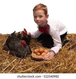 Sugary boy in embroidery on a stack of hay with a rooster and quici on white background - Powered by Shutterstock