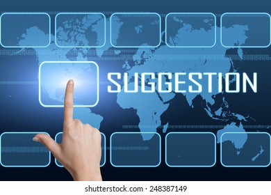 Suggestion concept with interface and world map on blue background