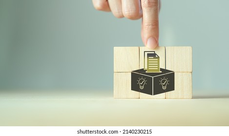 Suggestion and feedback concept. New idea, solution. Wooden cubes with suggestion box, card holder icon on grey background. Business review, strategy suggestion, comment for business developement. - Shutterstock ID 2140230215