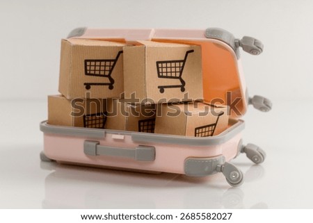 Suitcase full of boxes with purchases on a white background. Online trading and delivery concept
