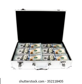 Suitcase of money with hundred dollar on white  background