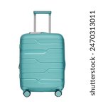 suitcase on wheels luggage on a white background, hand luggage, mint color, with extended handle, isolate