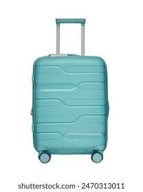 suitcase on wheels luggage on a white background, hand luggage, mint color, with extended handle, isolate