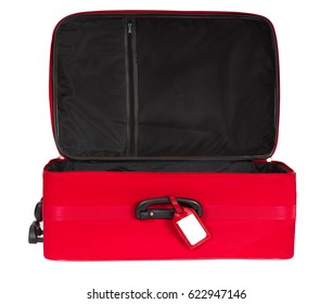 Suitcase, Open Empty Luggage, Red Travel Baggage Bag With Tag, Isolated Over White Background, Front View