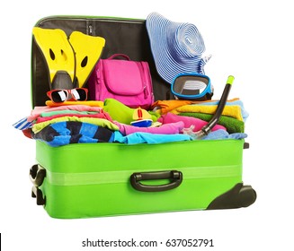 Suitcase, Open Packed Travel Luggage, Vacation Bag Full Of Clothes Baggage, Isolated Over White Background