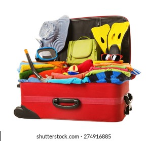 Suitcase Packed To Vacation, Open Red Luggage Full Of Clothes, Family Travel Items Baggage, Trip Concept