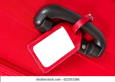 Suitcase Tag, Empty Travel Luggage Label On Handle, Red Baggage Bag Close Up