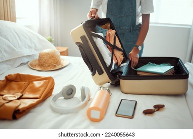 Suitcase, woman and packing clothes, bag and luggage for travel, vacation and international journey, summer adventure and tourism. Closeup female tourist, hotel room and holiday clothing in baggage - Shutterstock ID 2240055643