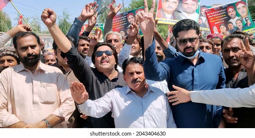 SUKKUR, PAKISTAN - SEP 18: Leaders and activists of Peoples Party are holding protest demonstration in favor of Peoples Party (PPP) Senior Leader, Khursheed Shah, on September 18, 2021 in Sukkur.