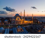 Suleymaniye Mosque (Suleymaniye Cami) in the Sunset Lights Drone Photo, Suleymaniye Fatih, Istanbul Turkiye (Turkey)