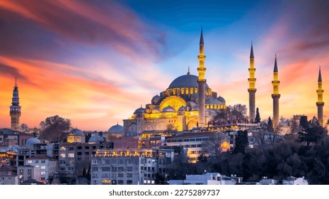 Suleymaniye Mosque Ottoman imperial mosque at sunset, Historical Suleymaniye Mosque  Istanbul most popular tourism destination of Turkey, Golden Horn, Istanbul, Turkiey,